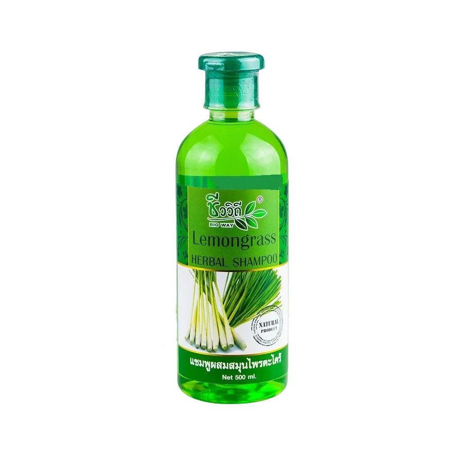 A bottle of Bio Way Lemongrass Herbal Shampoo with a green label and a stick of lemongrass to the left. The shampoo is 500 ml and made in Thailand.
