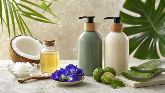 Thai herbal hair care products with coconut, butterfly pea, kaffir lime and aloe vera
