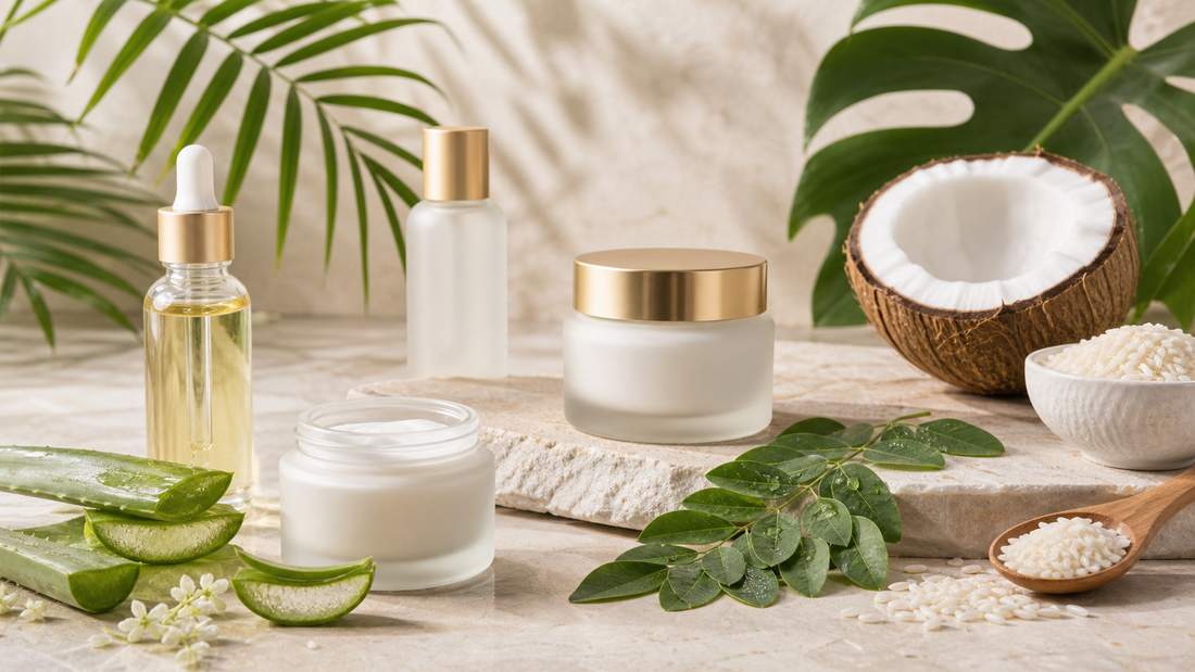 Thai skincare products with coconut, aloe vera, rice and tropical botanicals