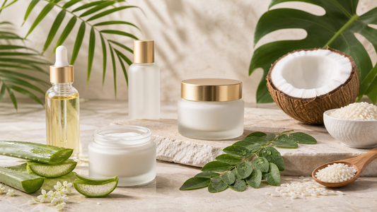 Thai skincare products with coconut, aloe vera, rice and tropical botanicals